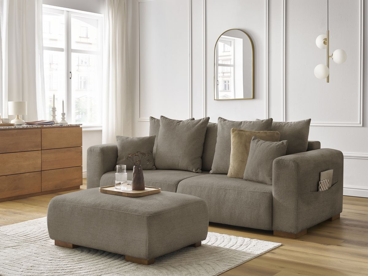 Canapé droit fixe 3 places SIDONIE tissu chiné avec pouf