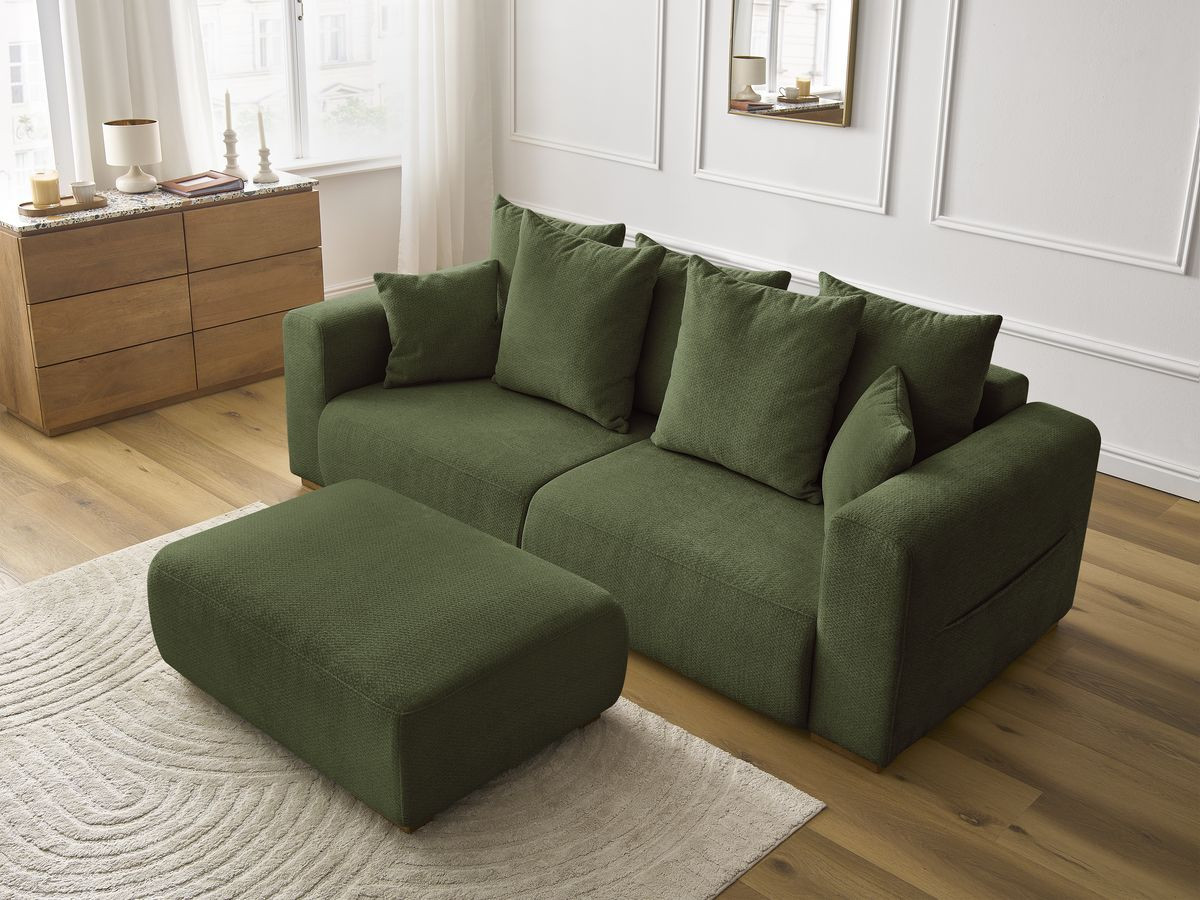 Canapé droit fixe 3 places SIDONIE tissu chiné avec pouf