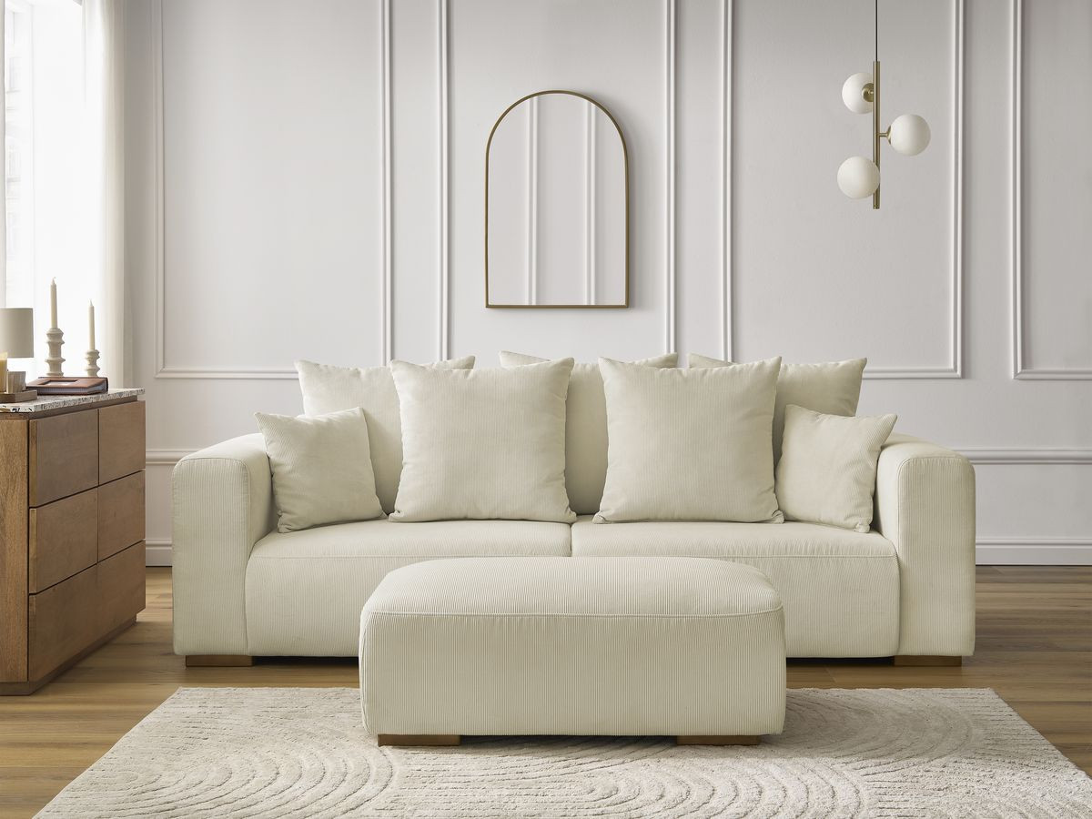 Canapé droit 3 places SIDONIE velours côtelé avec pouf beige — vue 5