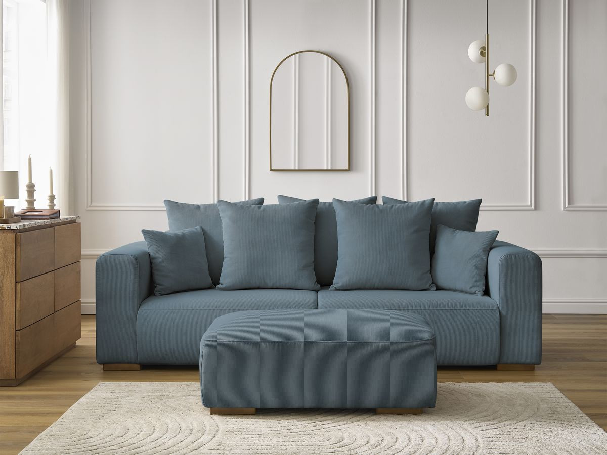 Canapé droit 3 places SIDONIE velours côtelé avec pouf bleu foncé — vue 5