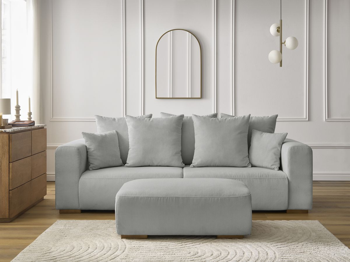 Canapé droit 3 places SIDONIE velours côtelé avec pouf gris clair — vue 5