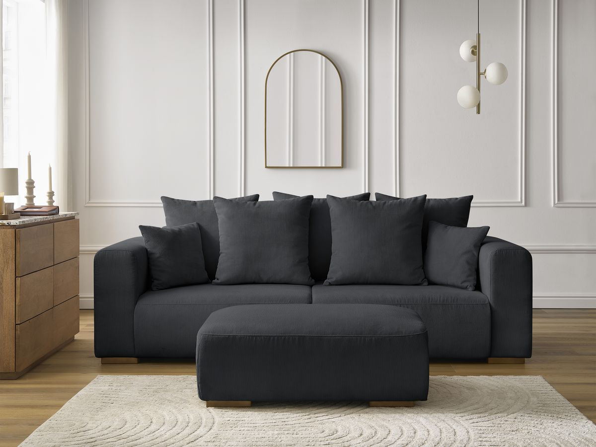 Canapé droit 3 places SIDONIE velours côtelé avec pouf noir — vue 5