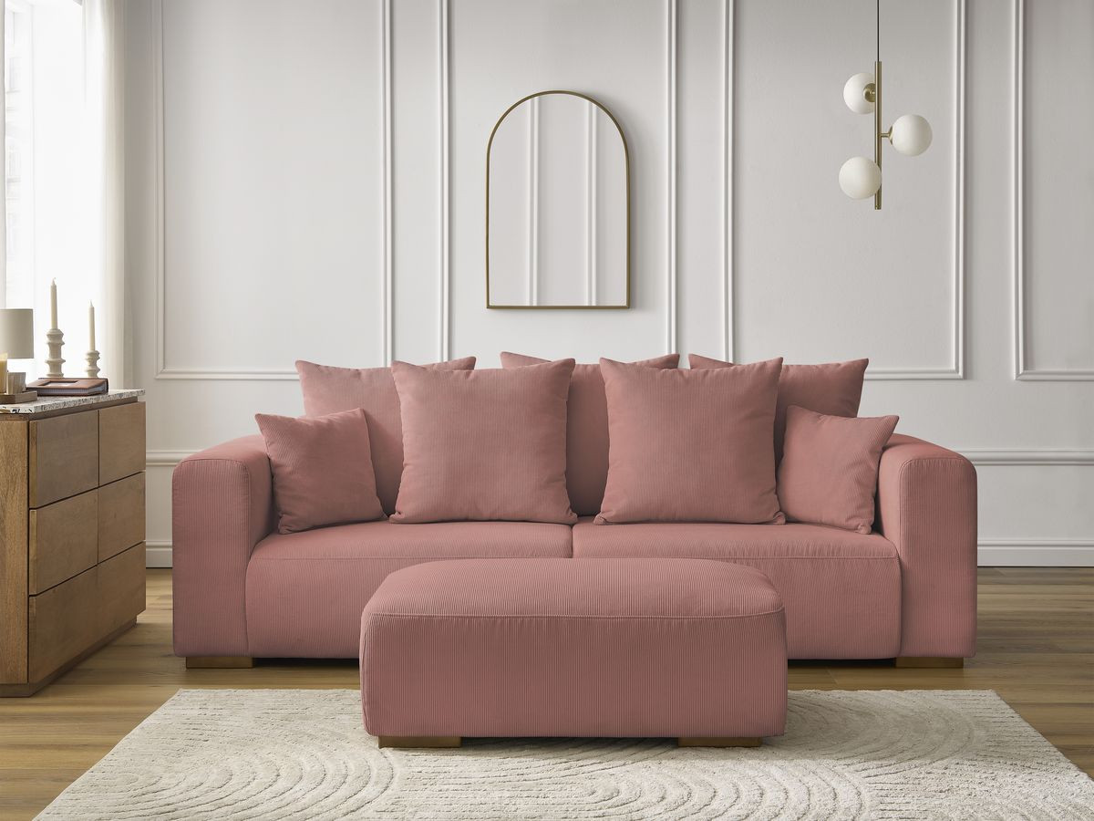 Canapé droit 3 places SIDONIE velours côtelé avec pouf rose — vue 5