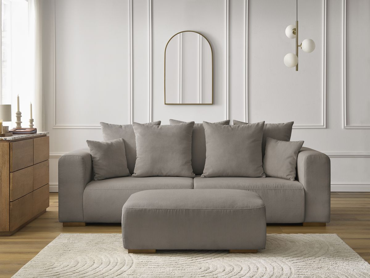 Canapé droit 3 places SIDONIE velours côtelé avec pouf taupe — vue 5