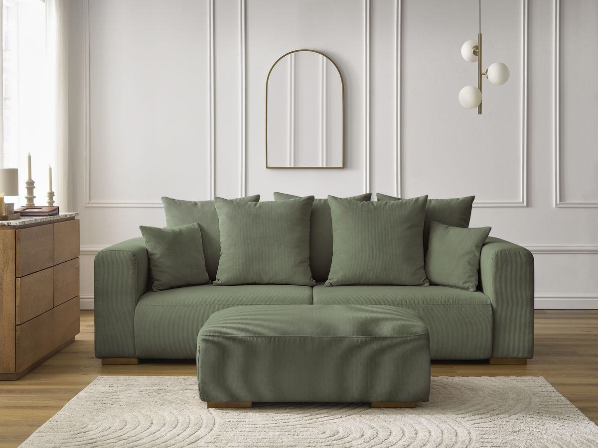 Canapé droit 3 places SIDONIE velours côtelé avec pouf vert — vue 5