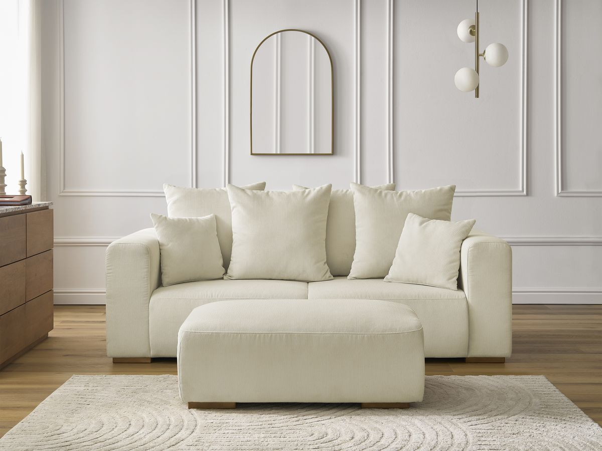 Canapé droit 2 places SIDONIE velours côtelé avec pouf beige — vue 5