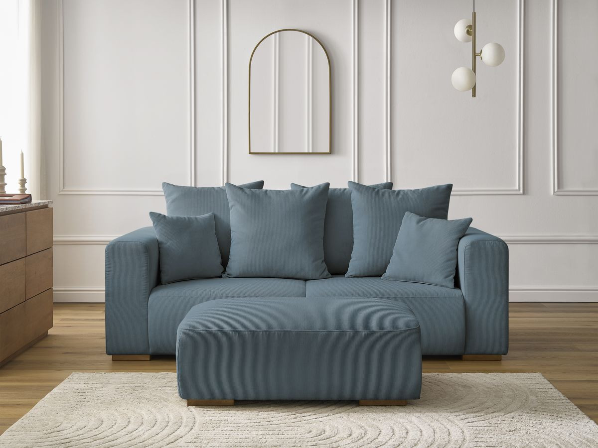 Canapé droit 2 places SIDONIE velours côtelé avec pouf bleu foncé — vue 5