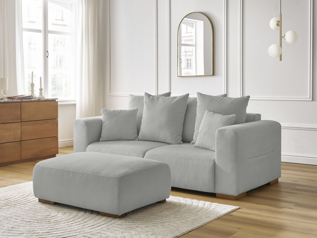 Canapé droit fixe 2 places SIDONIE velours côtelé avec pouf