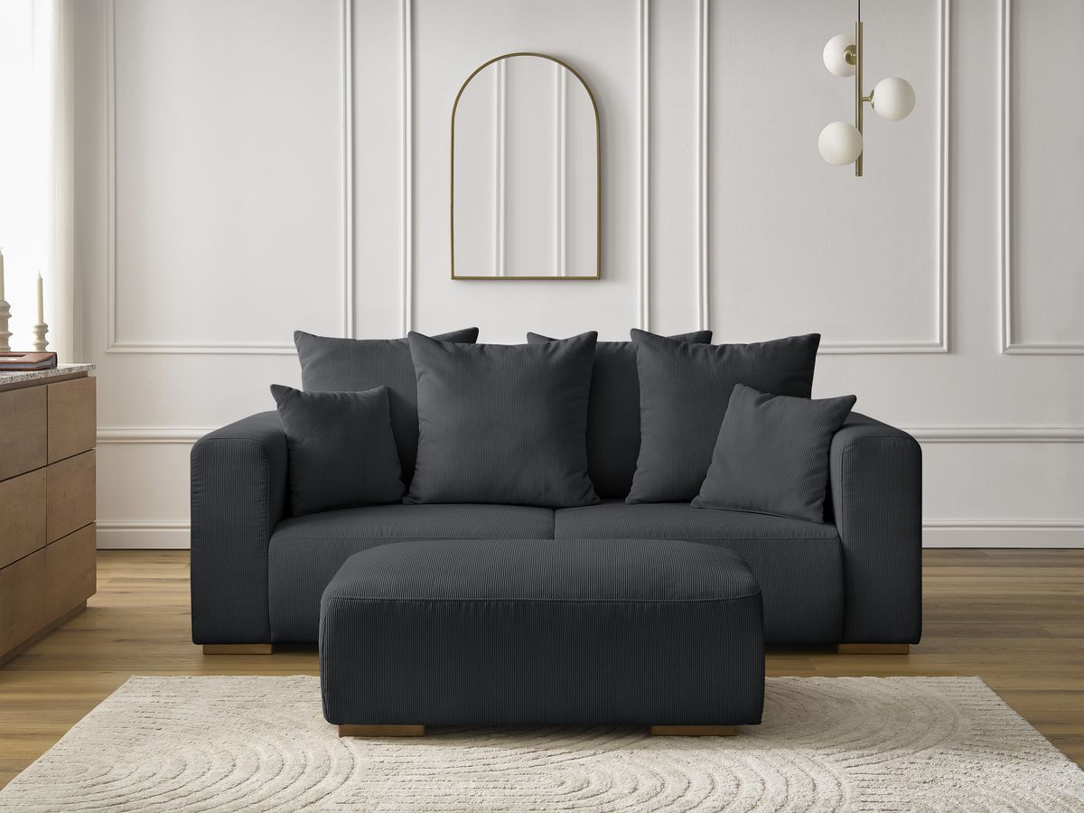 Canapé droit 2 places SIDONIE velours côtelé avec pouf noir — vue 5