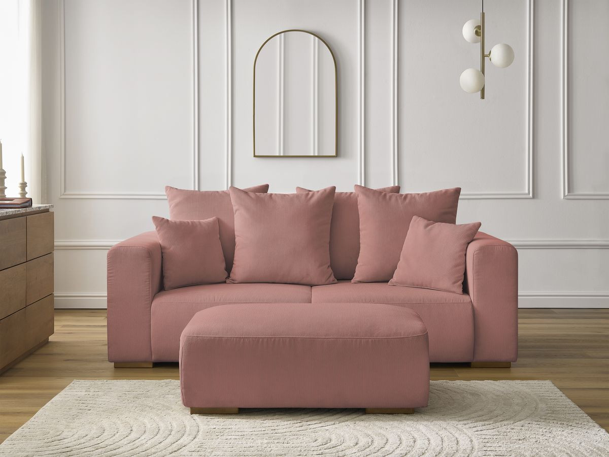 Canapé droit 2 places SIDONIE velours côtelé avec pouf rose — vue 5