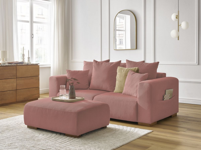 Canapé droit fixe 2 places SIDONIE velours côtelé avec pouf