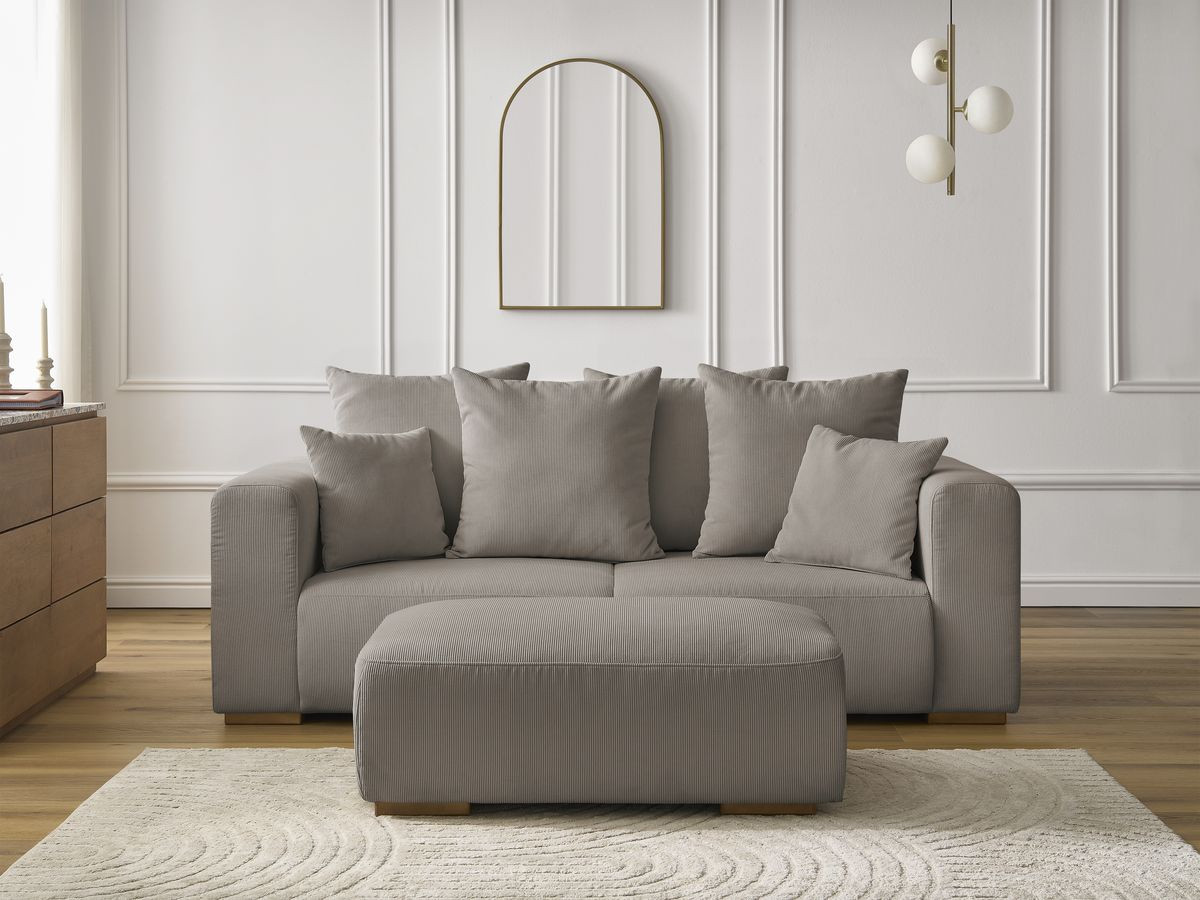 Canapé droit 2 places SIDONIE velours côtelé avec pouf taupe — vue 5