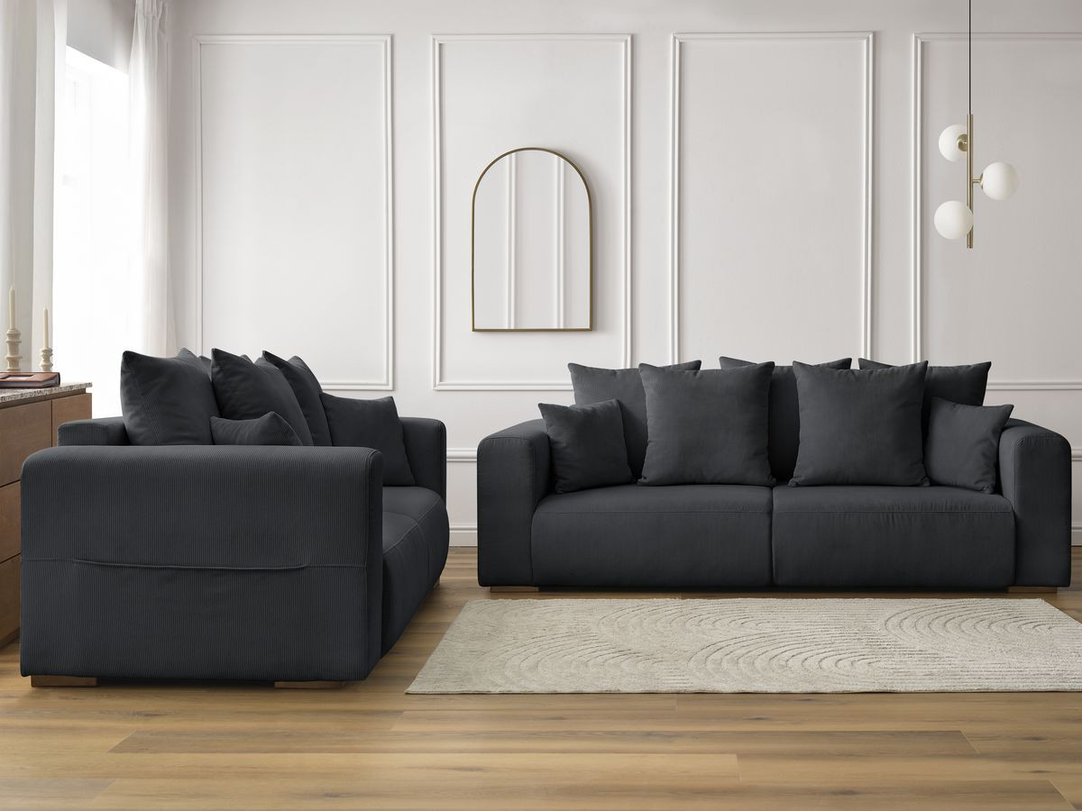 Ensemble canapé droit 3 + 2 places SIDONIE velours côtelé noir — vue 5