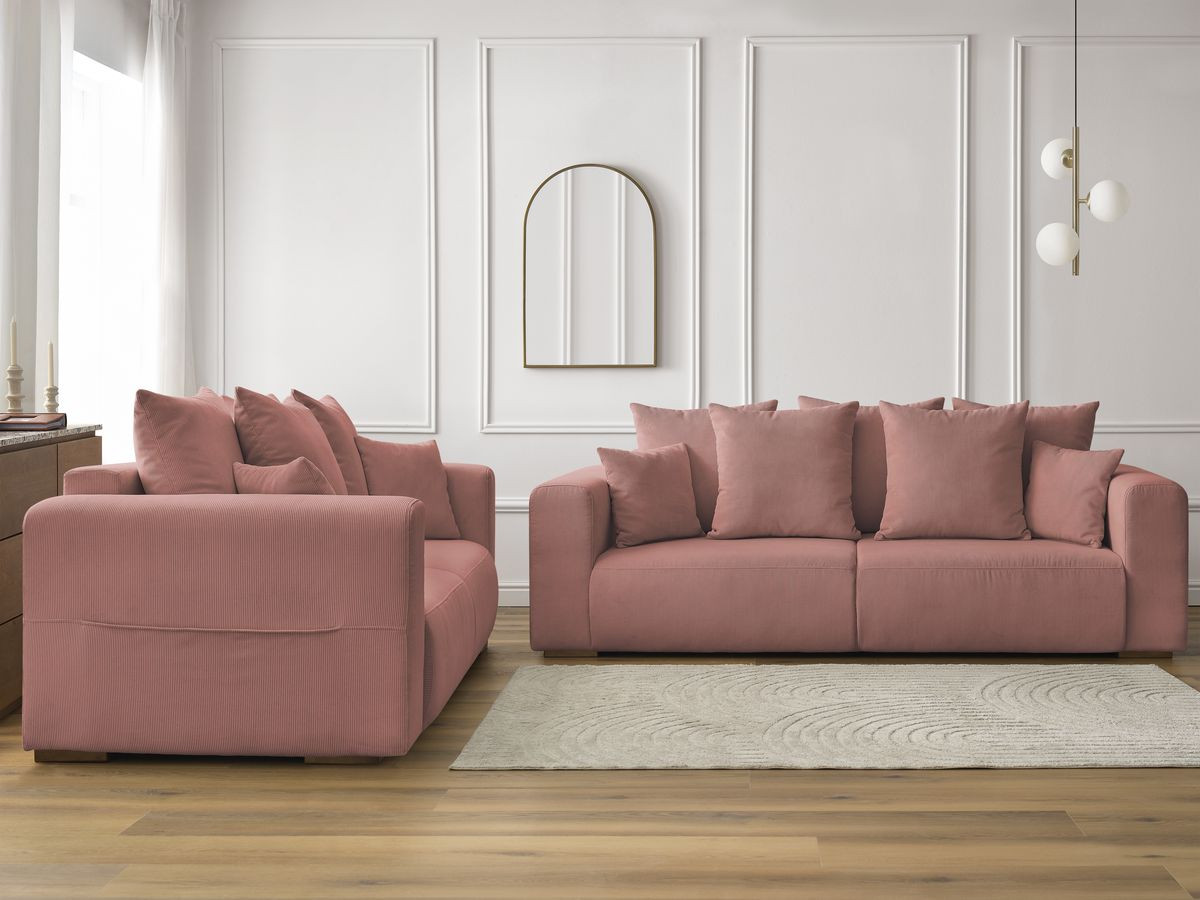 Ensemble canapé droit 3 + 2 places SIDONIE velours côtelé rose — vue 5