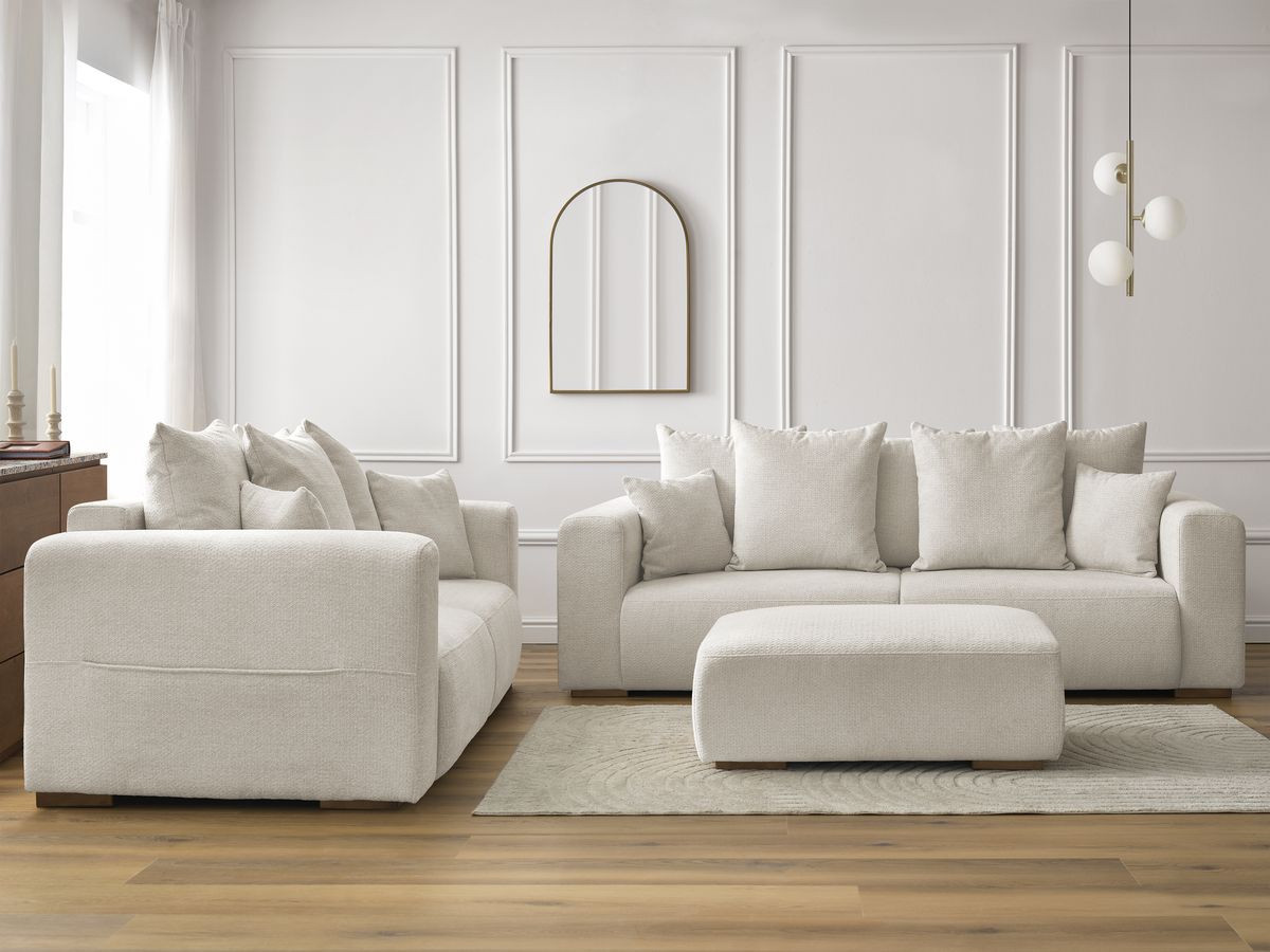 Ensemble canapé droit 3 + 2 places SIDONIE chiné avec pouf beige — vue 5