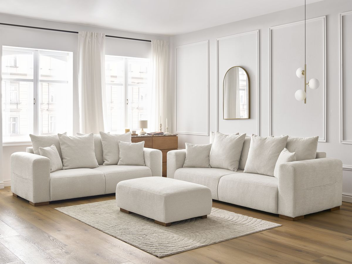 Ensemble canapé droit fixe 3 + 2 places SIDONIE tissu chiné avec pouf