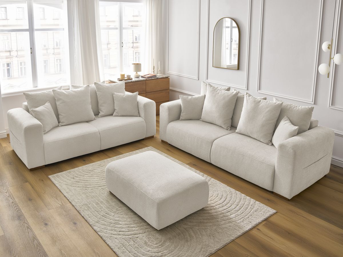 Ensemble canapé droit fixe 3 + 2 places SIDONIE tissu chiné avec pouf