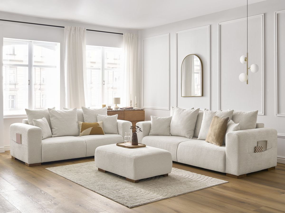 Ensemble canapé droit fixe 3 + 2 places SIDONIE tissu chiné avec pouf