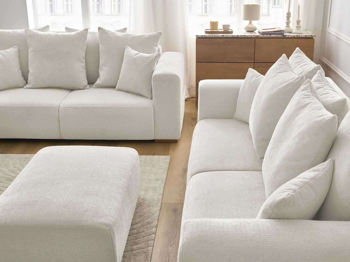 Ensemble canapé droit fixe 3 + 2 places SIDONIE tissu chiné avec pouf