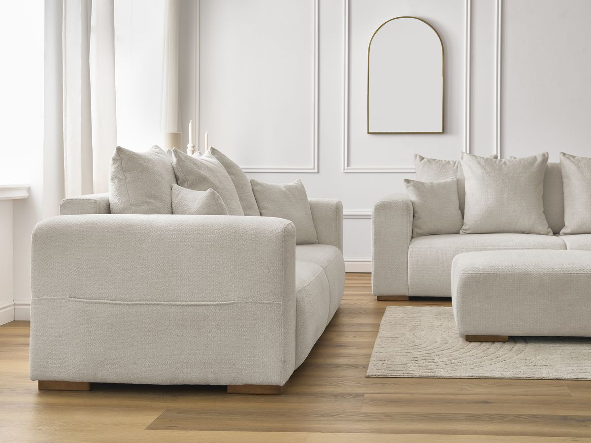 Ensemble canapé droit fixe 3 + 2 places SIDONIE tissu chiné avec pouf