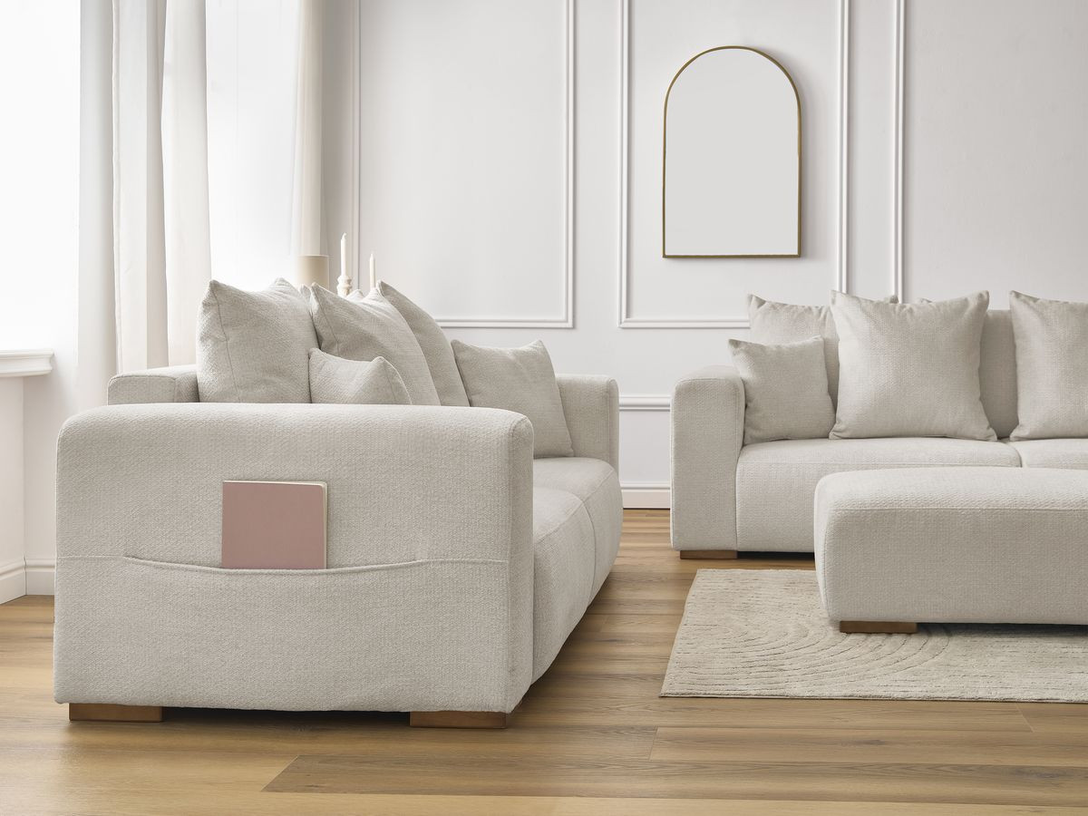 Ensemble canapé droit fixe 3 + 2 places SIDONIE tissu chiné avec pouf