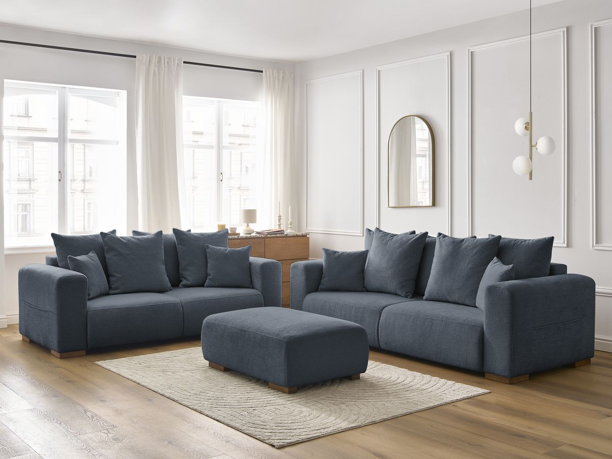 Ensemble canapé droit fixe 3 + 2 places SIDONIE tissu chiné avec pouf