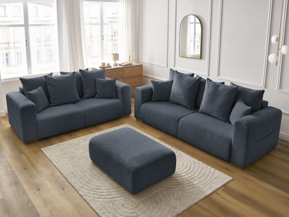 Ensemble canapé droit fixe 3 + 2 places SIDONIE tissu chiné avec pouf