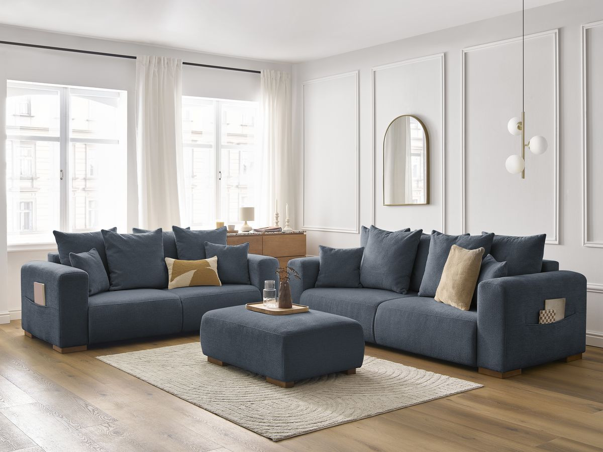 Ensemble canapé droit fixe 3 + 2 places SIDONIE tissu chiné avec pouf