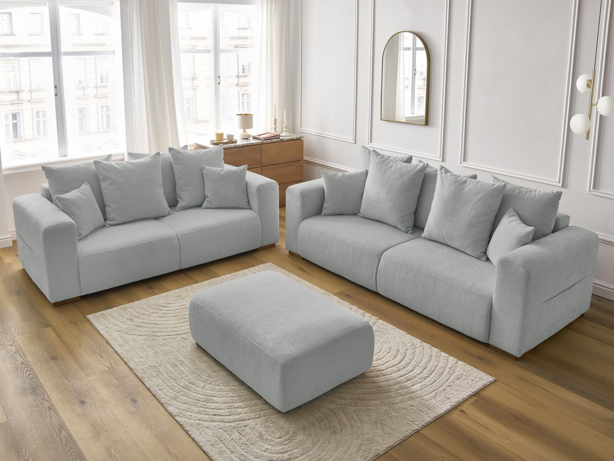 Ensemble canapé droit fixe 3 + 2 places SIDONIE tissu chiné avec pouf