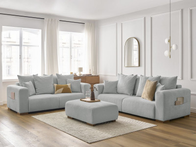 Ensemble canapé droit fixe 3 + 2 places SIDONIE tissu chiné avec pouf