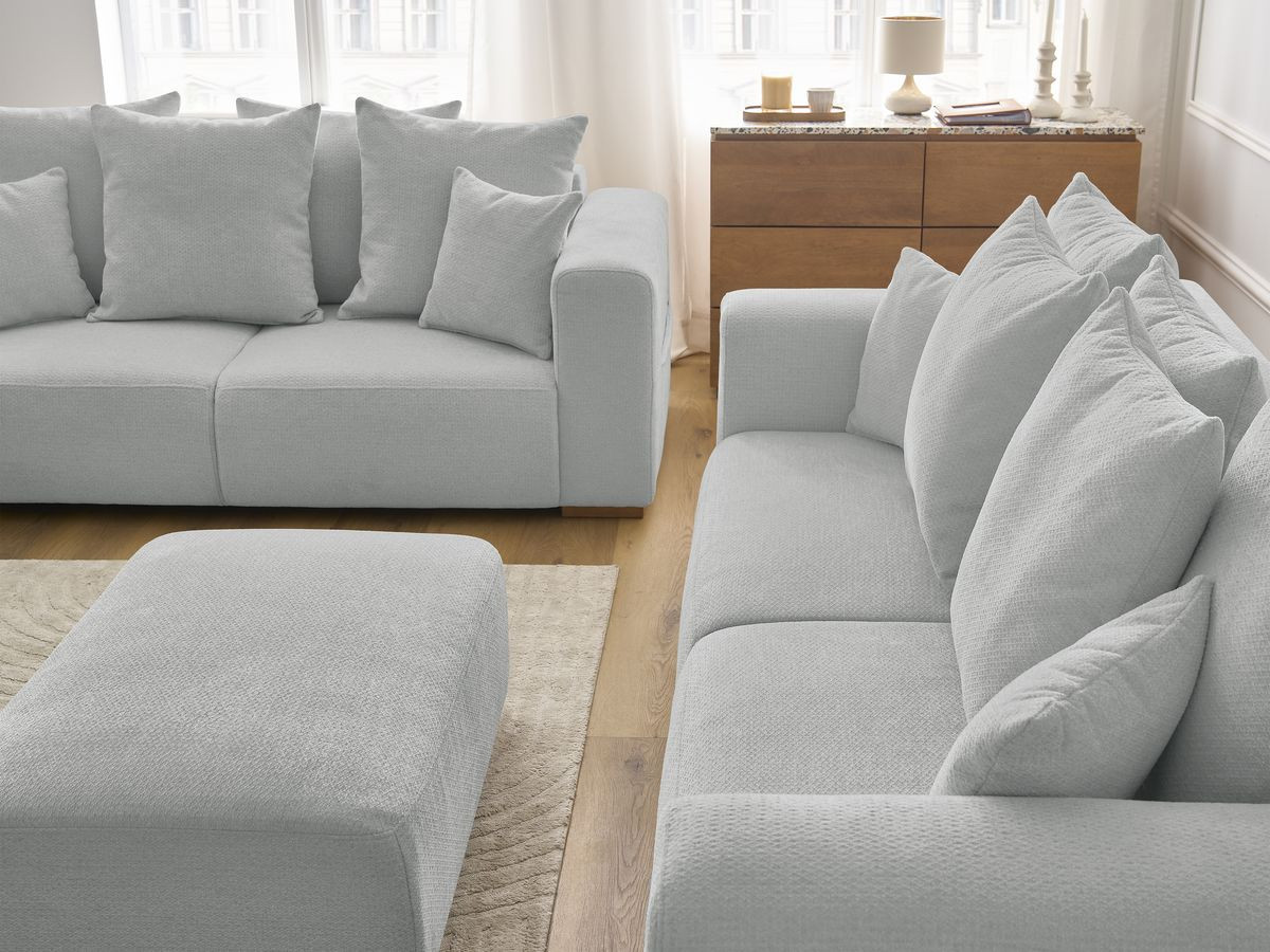 Ensemble canapé droit fixe 3 + 2 places SIDONIE tissu chiné avec pouf