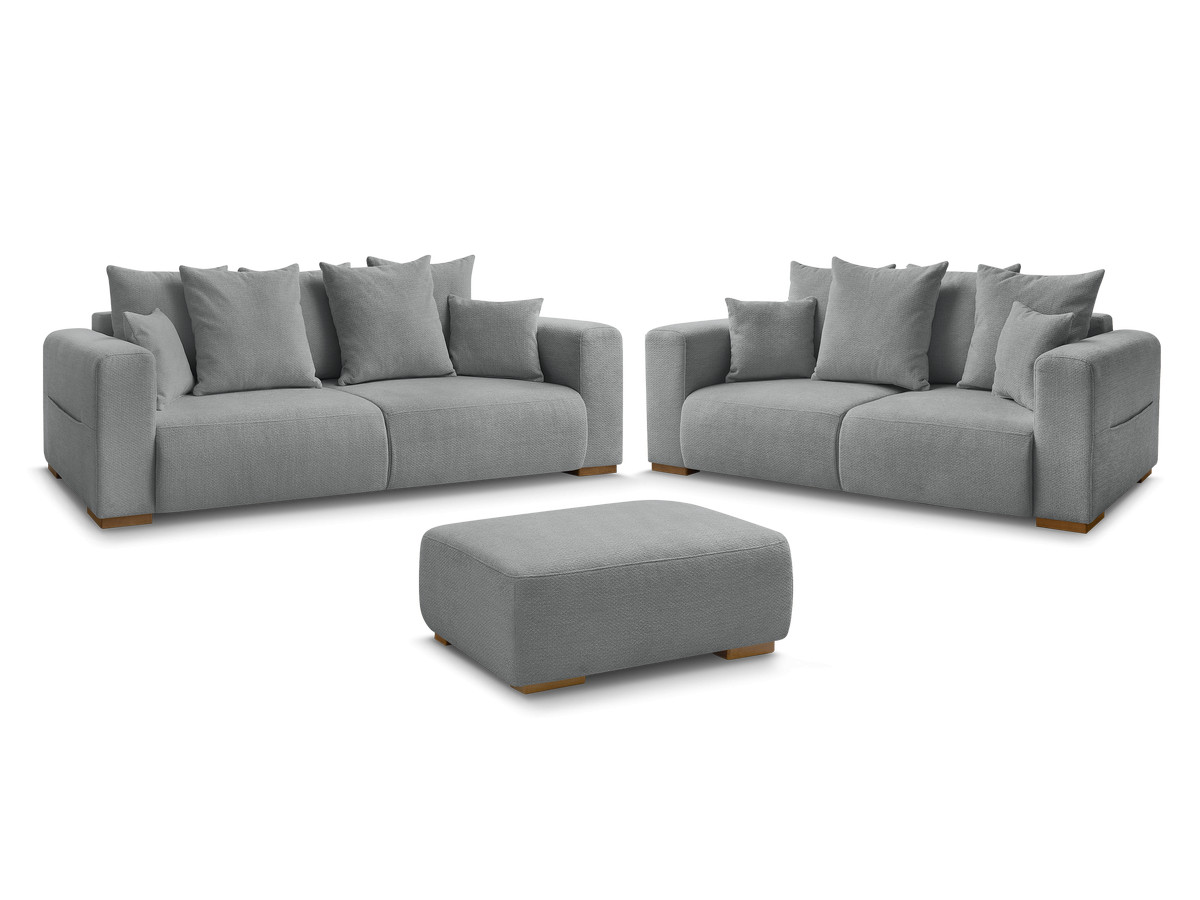 Ensemble canapé droit fixe 3 + 2 places SIDONIE tissu chiné avec pouf