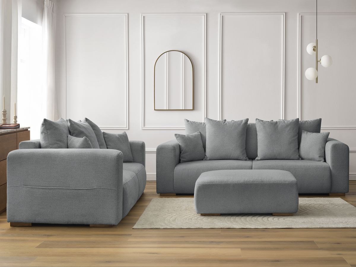 Ensemble canapé droit 3 + 2 places SIDONIE chiné avec pouf gris foncé — vue 5