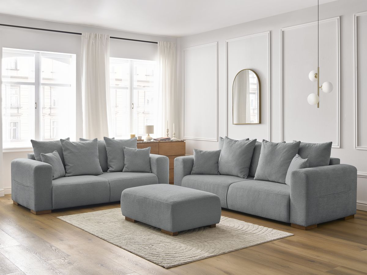 Ensemble canapé droit fixe 3 + 2 places SIDONIE tissu chiné avec pouf