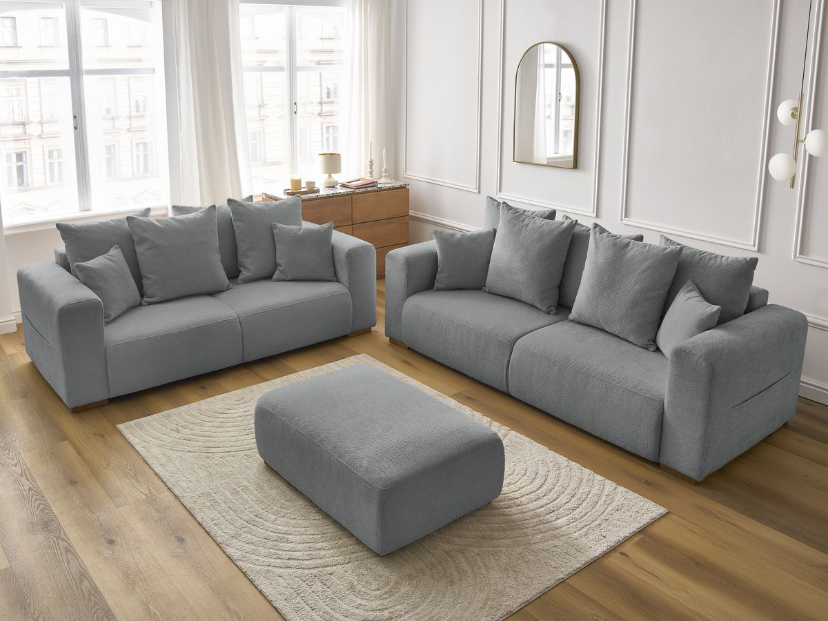 Ensemble canapé droit fixe 3 + 2 places SIDONIE tissu chiné avec pouf
