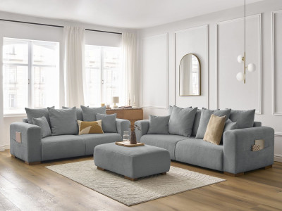 Ensemble canapé droit fixe 3 + 2 places SIDONIE tissu chiné avec pouf