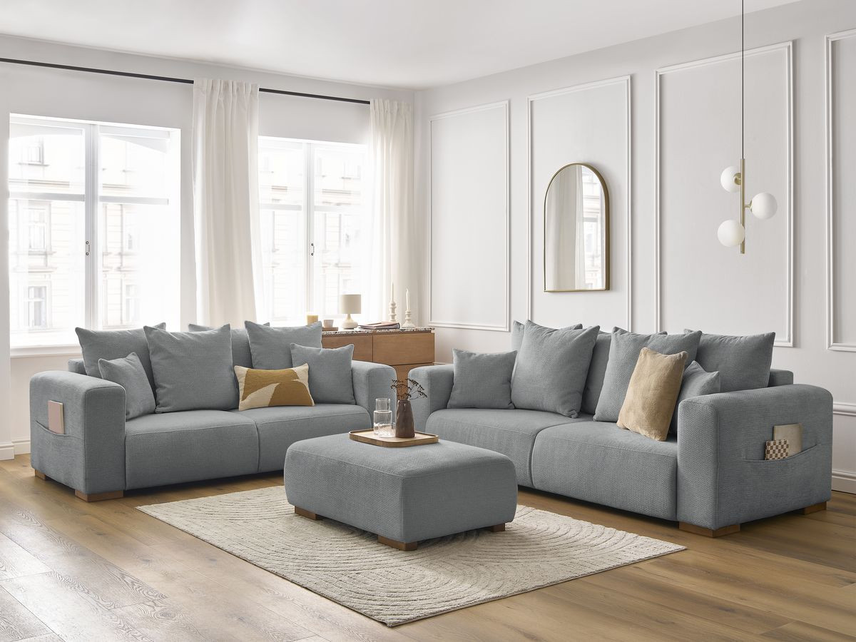 Ensemble canapé droit fixe 3 + 2 places SIDONIE tissu chiné avec pouf