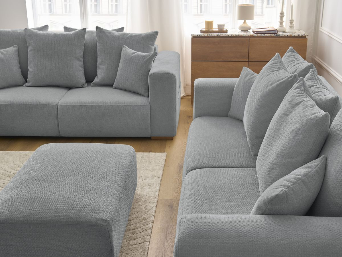 Ensemble canapé droit fixe 3 + 2 places SIDONIE tissu chiné avec pouf