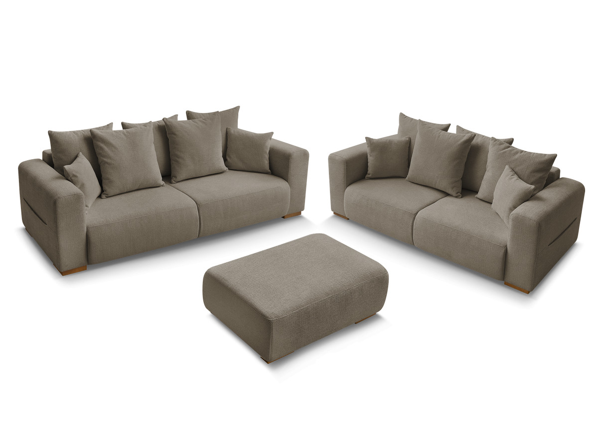 Ensemble canapé droit fixe 3 + 2 places SIDONIE tissu chiné avec pouf