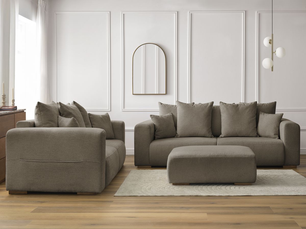 Ensemble canapé droit 3 + 2 places SIDONIE chiné avec pouf taupe — vue 5