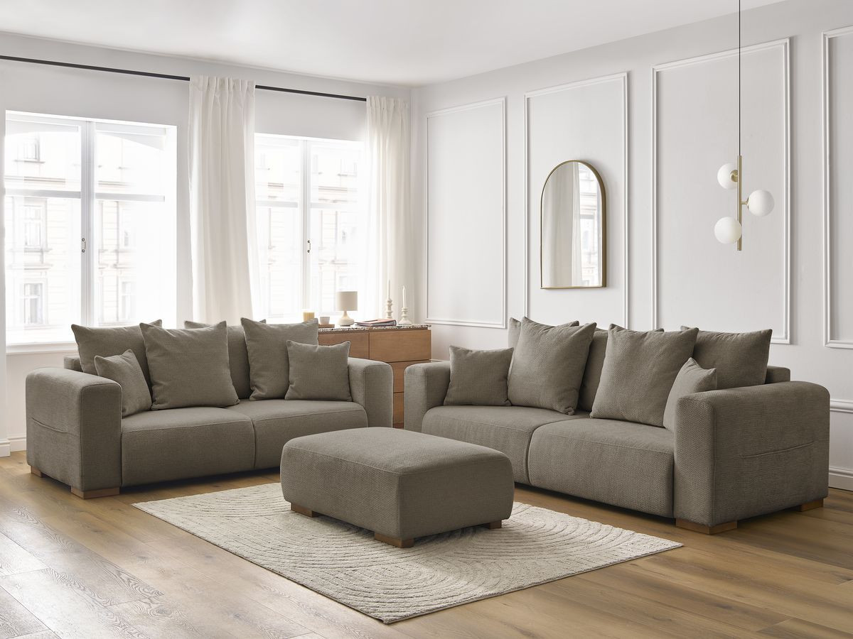 Ensemble canapé droit fixe 3 + 2 places SIDONIE tissu chiné avec pouf