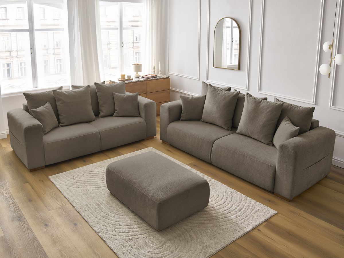 Ensemble canapé droit fixe 3 + 2 places SIDONIE tissu chiné avec pouf