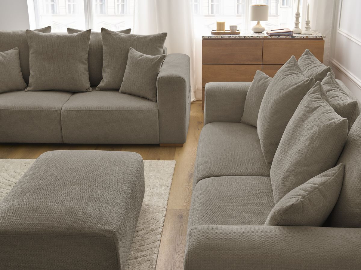 Ensemble canapé droit fixe 3 + 2 places SIDONIE tissu chiné avec pouf