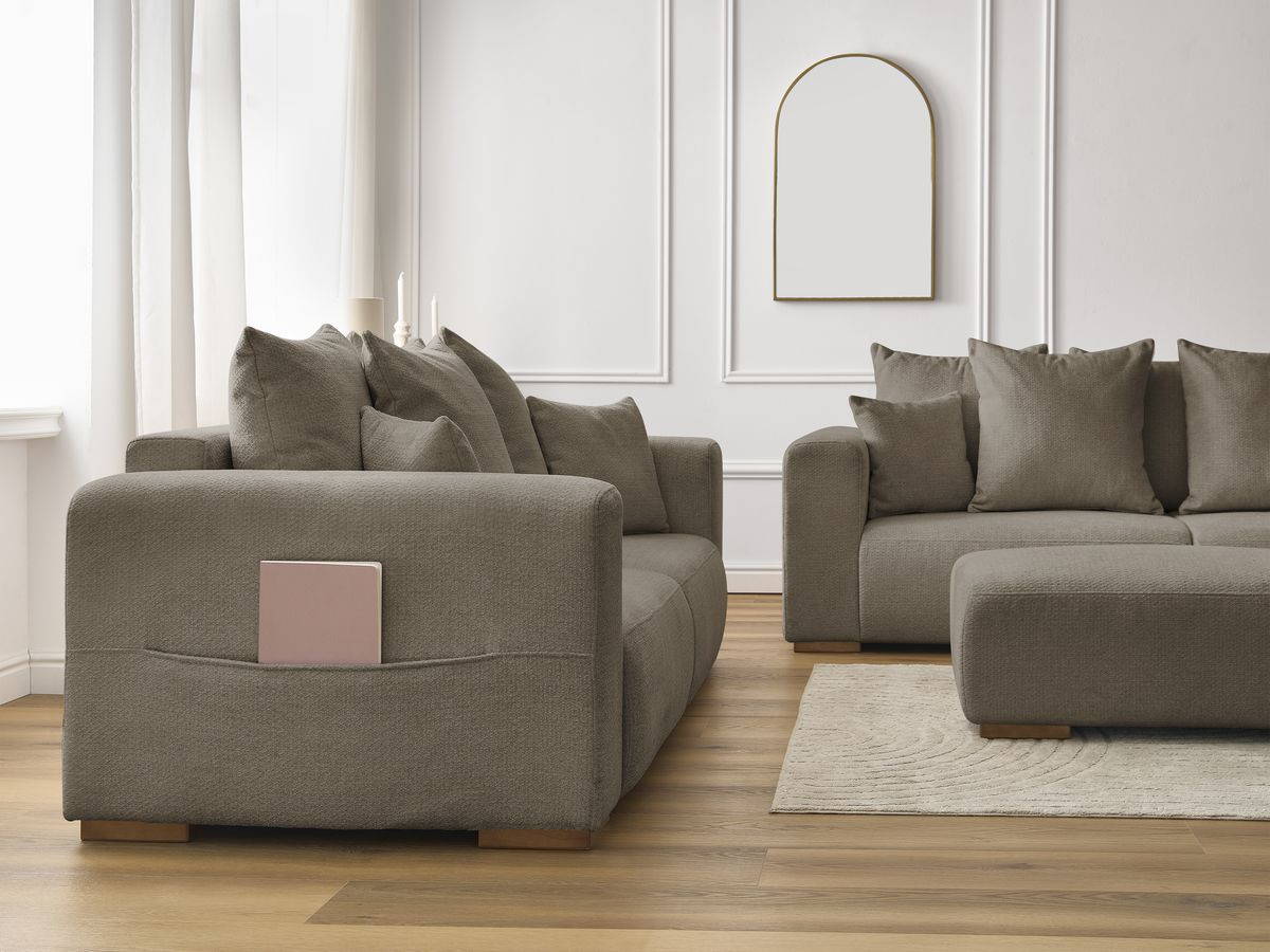 Ensemble canapé droit fixe 3 + 2 places SIDONIE tissu chiné avec pouf