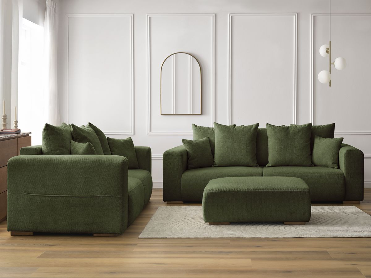 Ensemble canapé droit 3 + 2 places SIDONIE chiné avec pouf vert — vue 5