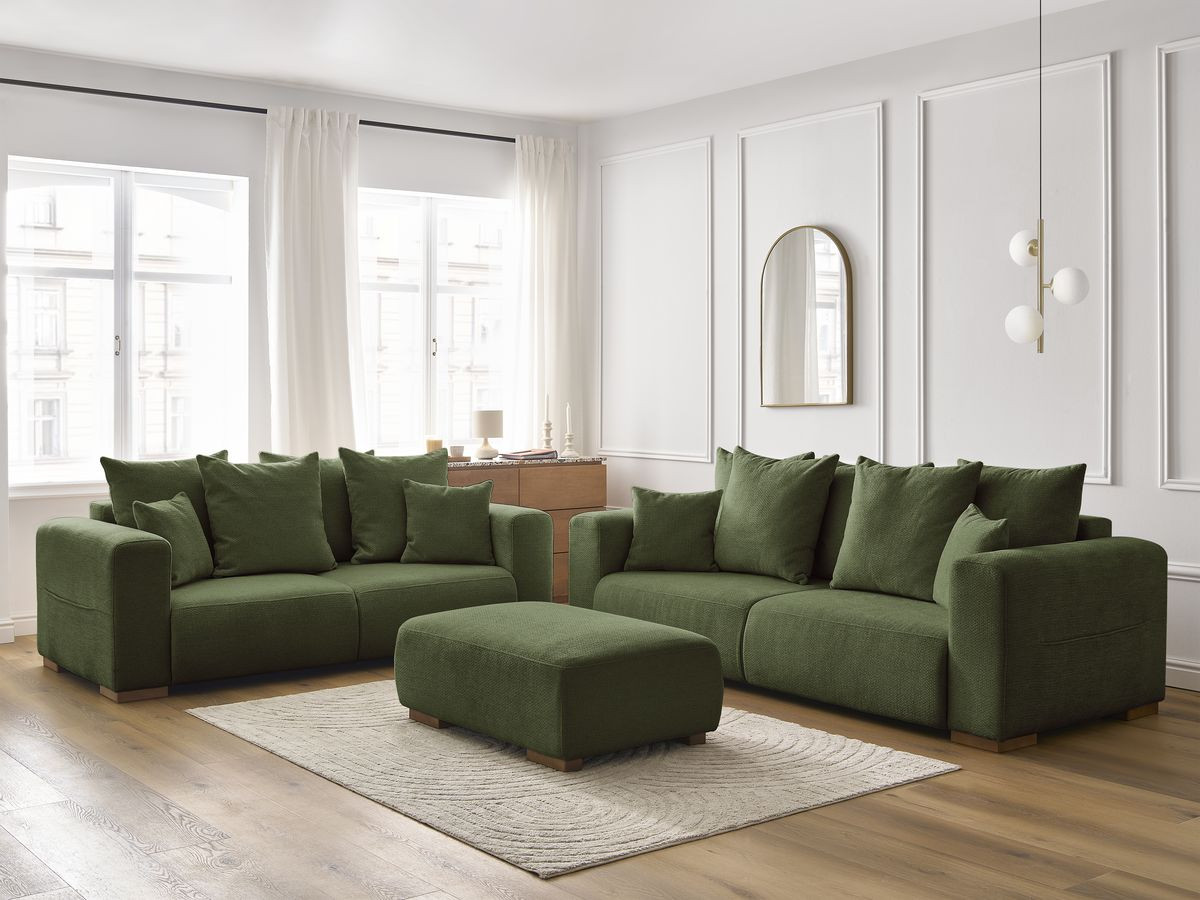 Ensemble canapé droit fixe 3 + 2 places SIDONIE tissu chiné avec pouf