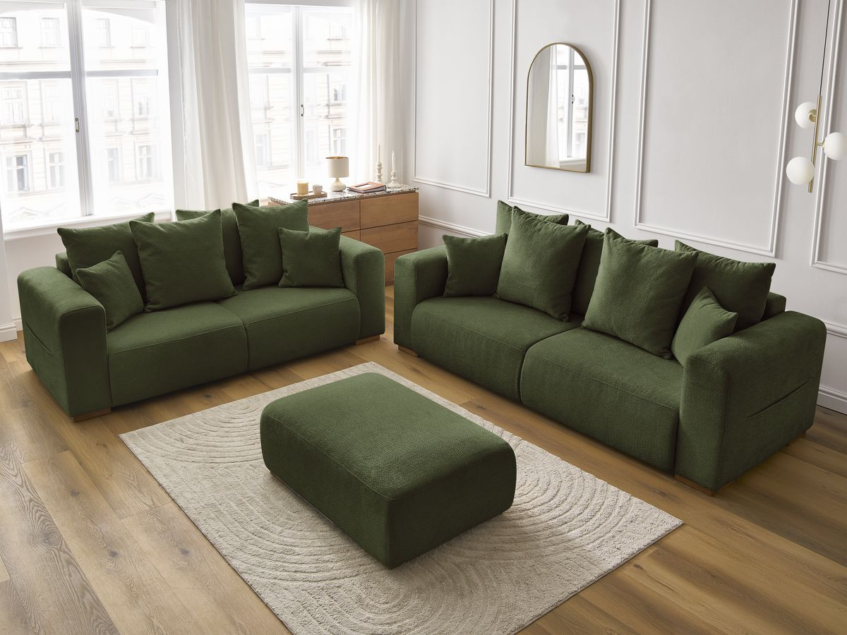 Ensemble canapé droit fixe 3 + 2 places SIDONIE tissu chiné avec pouf