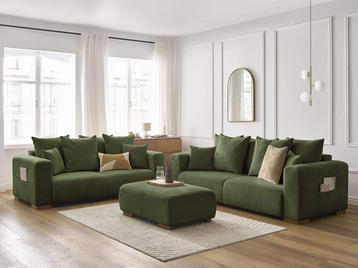 Ensemble canapé droit fixe 3 + 2 places SIDONIE tissu chiné avec pouf