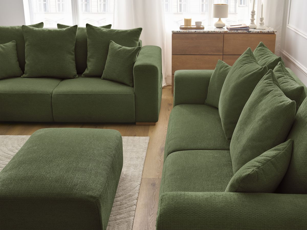 Ensemble canapé droit fixe 3 + 2 places SIDONIE tissu chiné avec pouf