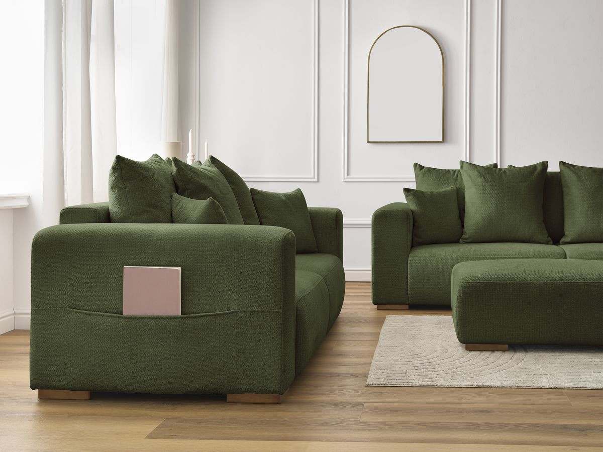 Ensemble canapé droit fixe 3 + 2 places SIDONIE tissu chiné avec pouf